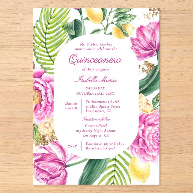 Invitations En Acrylique Aquarelle Floral Peonps Tulipes Lemon Quinceañera (Recto)