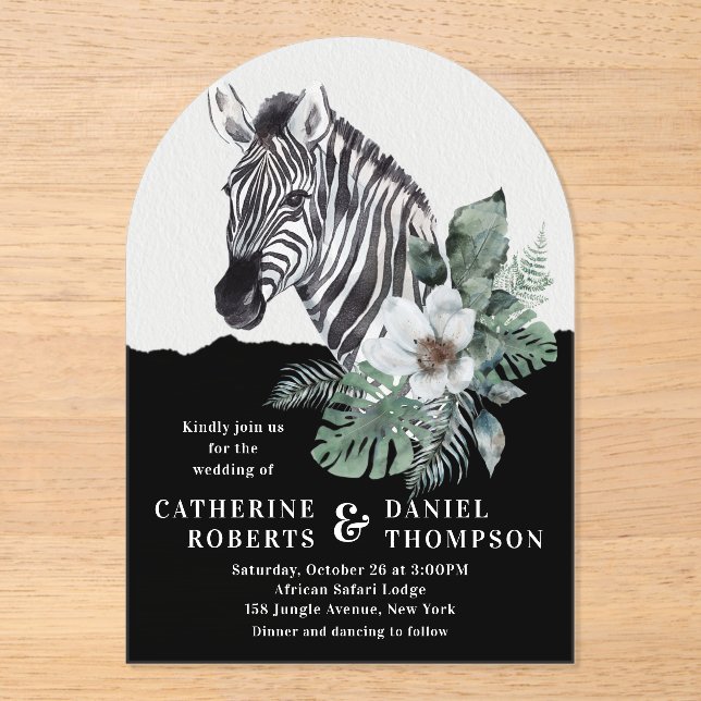 Invitations En Acrylique Aquarelle Floral Zebra Safari Mariage (Recto)