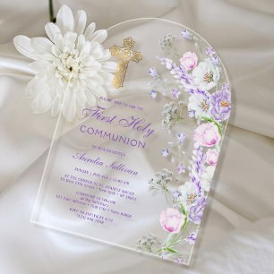 Invitations En Acrylique Aquarelle Lilac Fleurs Arc Première communion