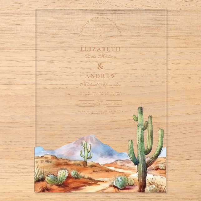 Invitations En Acrylique Aquarelle Mariage paysage du désert de Cactus (Recto)