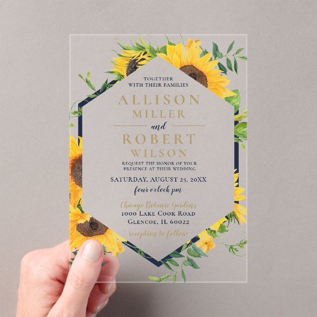 Invitations En Acrylique Aquarelle Marine Bleu Tournesol Mariage rustique (In situ (ordinateur de poche))