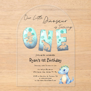 Invitations En Acrylique Aquarelle mignonne Bébé Dinosaure 1er anniversaire