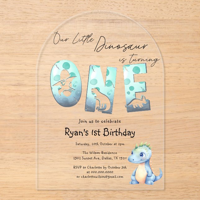 Invitations En Acrylique Aquarelle mignonne Bébé Dinosaure 1er anniversaire (Recto)