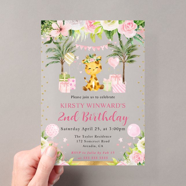 Invitations En Acrylique Aquarelle mignonne rose Jungle Giraffe Anniversair (In situ (ordinateur de poche))