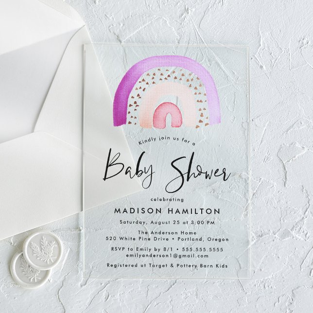 Invitations En Acrylique Aquarelle mignonne violet Baby shower arc-en-ciel (Créateur téléchargé)