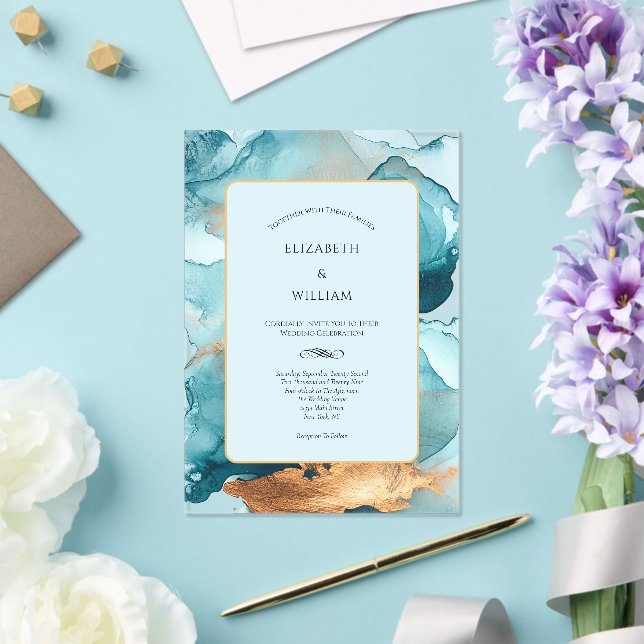 Invitations En Acrylique Aquarelle or turquoise Encre d'alcool Mariage mode (Insitu (Mariage))