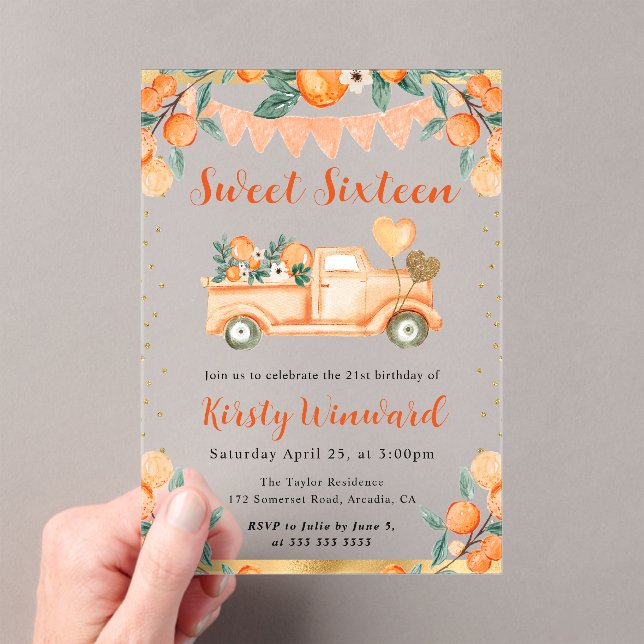 Invitations En Acrylique Aquarelle Orange Camion et Sweet sixteen Fleurs (In situ (ordinateur de poche))