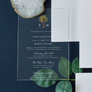 Invitations En Acrylique Aquarelle palmier tropical Monogram Mariage