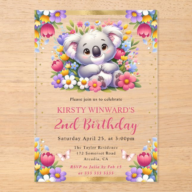 Invitations En Acrylique Aquarelle Pâques Koala & Fleurs de printemps Anniv (Recto)