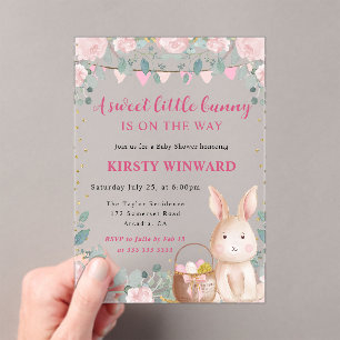Invitations En Acrylique Aquarelle Rabbit et Baby shower de fleurs roses