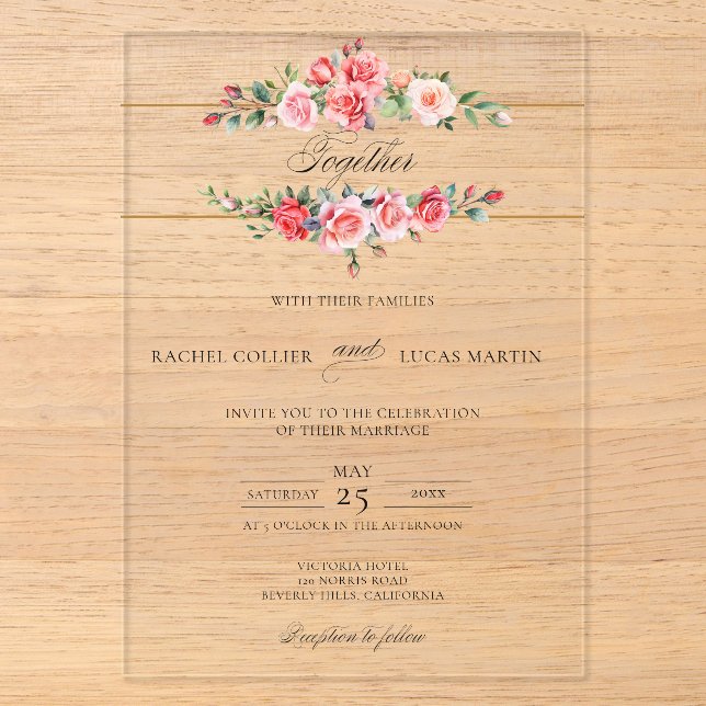 Invitations En Acrylique Aquarelle romantique Roses roses roses et calligra (Recto)