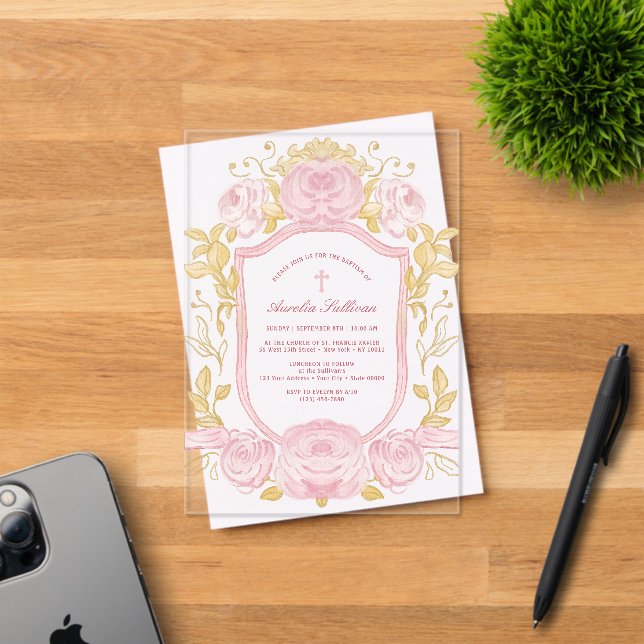 Invitations En Acrylique Aquarelle Rose Crest Baptême (Insitu (Carte d'invitation))
