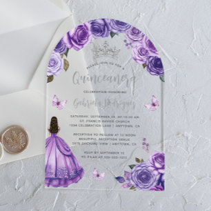 Invitations En Acrylique Aquarelle Rose d'argent pourpre Quinceañera