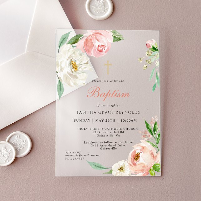 Invitations En Acrylique Aquarelle rose féminine Floral Baptême religieux (Frosted acrylic floral baptism invitation.)