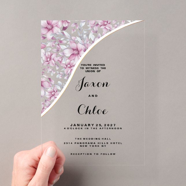Invitations En Acrylique Aquarelle rose gris Mariage botanique (In situ (ordinateur de poche))