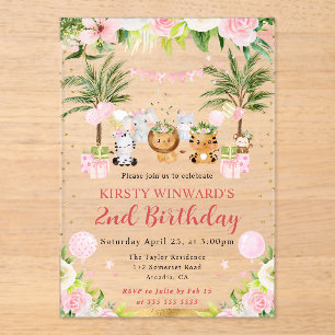 Invitations En Acrylique Aquarelle rose Jungle Animaux Anniversaire de enfa
