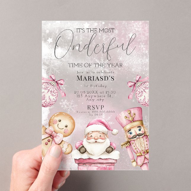 Invitations En Acrylique aquarelle rose Noël Père Noël 1er anniversaire (In situ (ordinateur de poche))