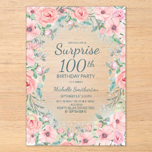 Invitations En Acrylique Aquarelle rose perles Roses florales 100e annivers