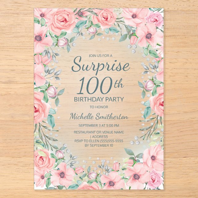 Invitations En Acrylique Aquarelle rose perles Roses florales 100e annivers (Recto)