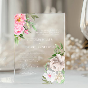 Invitations En Acrylique Aquarelle rose pivoines florales Mariage élégant