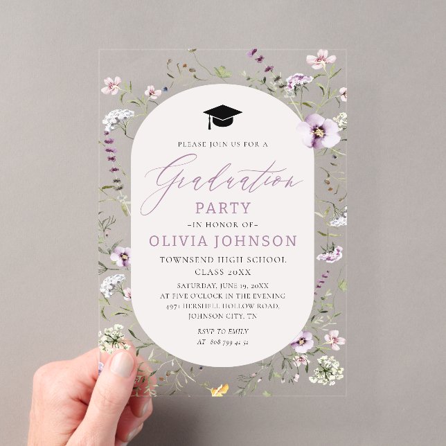 Invitations En Acrylique Aquarelle rose violet Fleur sauvage Graduation (In situ (ordinateur de poche))