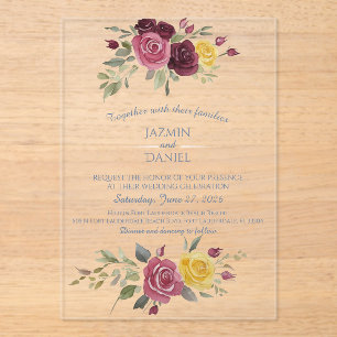 Invitations En Acrylique Aquarelle Roses Bourguignon Jaune Bleu