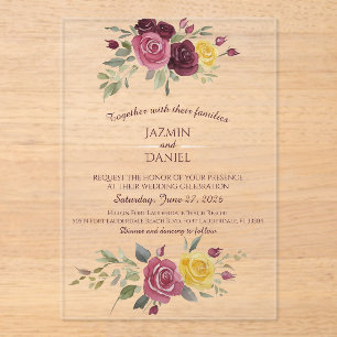 Invitations En Acrylique Aquarelle Roses Jaunes Rouges Bourgogne