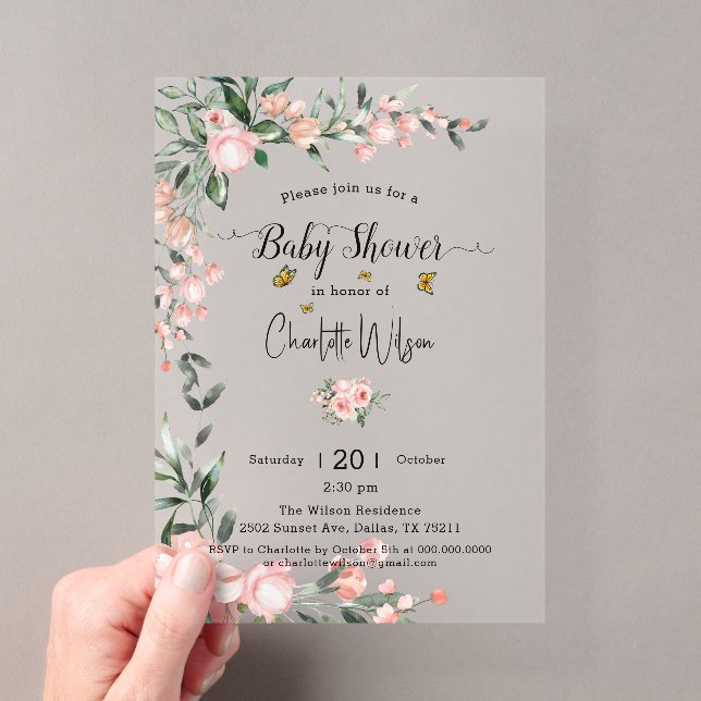 Invitations En Acrylique Aquarelle Roses roses avec Baby shower papillon (In situ (ordinateur de poche))