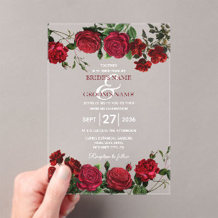 Invitations En Acrylique Aquarelle Roses rouges Effacer Mariage transparent