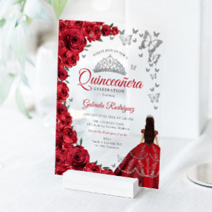 Invitations En Acrylique Aquarelle Roses Rouges Quinceanera Argentée
