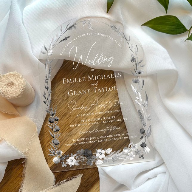 Invitations En Acrylique Aquarelle rustique Boho Floral Élégant Mariage Arc (Classy elegant simple black and white watercolor floral script arch acrylic wedding invitation)