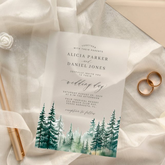 Invitations En Acrylique Aquarelle rustique pins mariage de forêt (Créateur téléchargé)