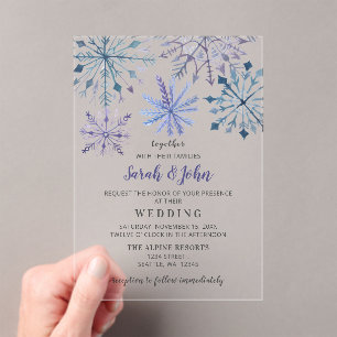 Invitations En Acrylique Aquarelle rustique Snowflakes Blue Winter Wedding