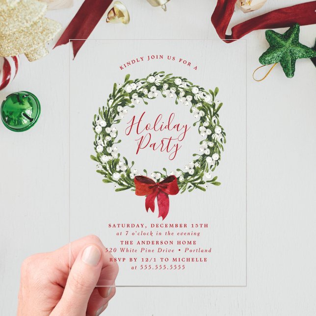Invitations En Acrylique Aquarelle Snowberry Green Fête de Vacances Wreath (Créateur téléchargé)