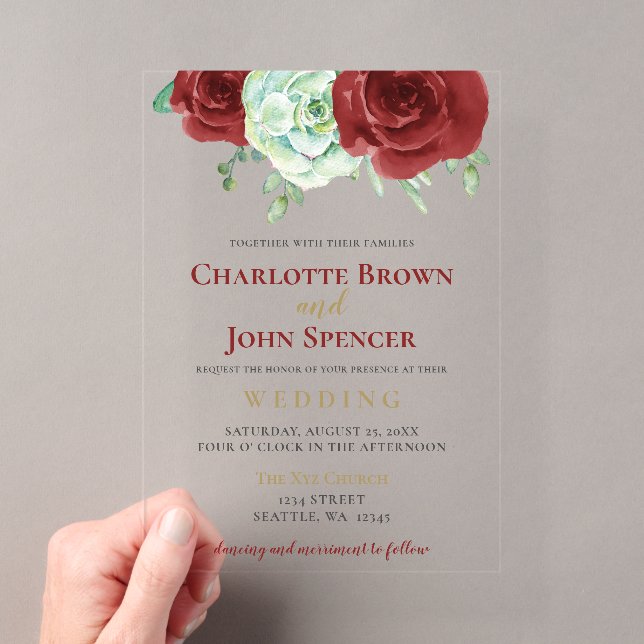 Invitations En Acrylique aquarelle succulent bordeaux or mariage floral (In situ (ordinateur de poche))