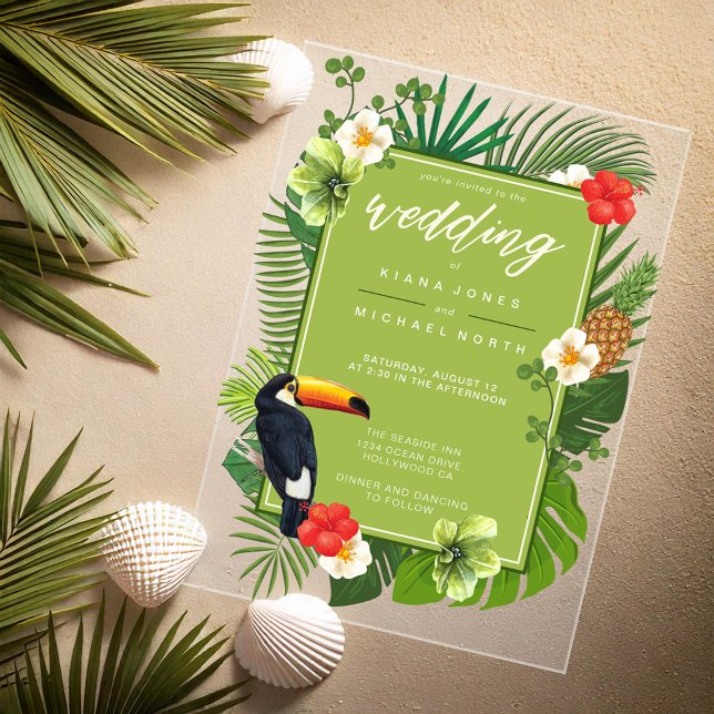 Invitations En Acrylique Aquarelle Tropical avec Mariage Toucan Green ID577 (Créateur téléchargé)