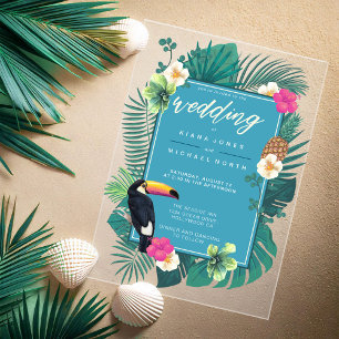 Invitations En Acrylique Aquarelle Tropical avec Toucan Mariage Teal ID577