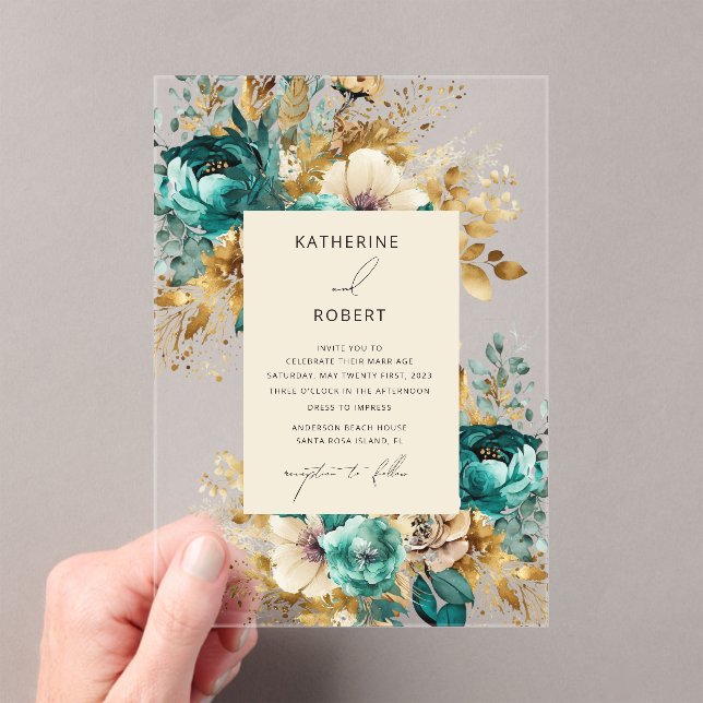 Invitations En Acrylique Aquarelle Turquoise or Floral Mariage (In situ (ordinateur de poche))