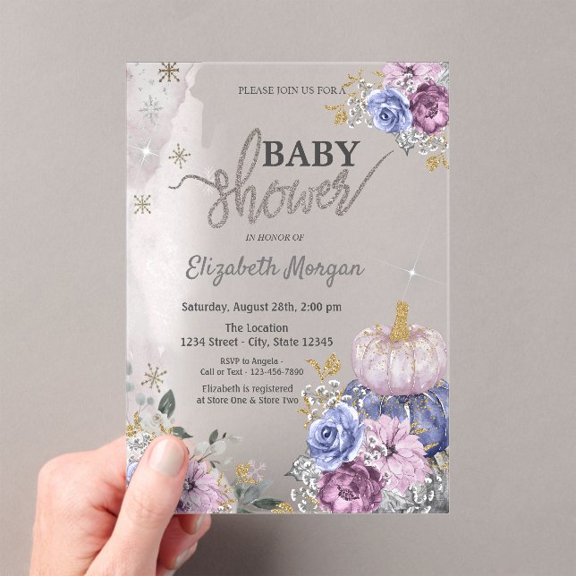 Invitations En Acrylique Aquarelle Violet Citrouille Baby shower Fleurs (In situ (ordinateur de poche))