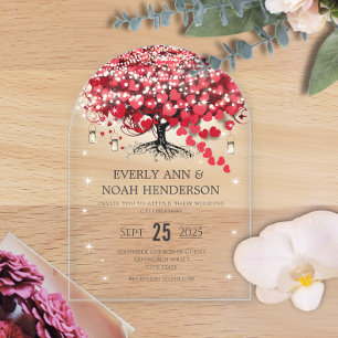 Invitations En Acrylique Arbre de mariage aux feuilles en forme de cœur rou