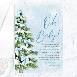 Invitations En Acrylique Arbre de Noël Garçon Ruban Bleu Oh Bébé Baby Showe