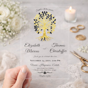 Invitations En Acrylique Arbre d'Or de Vie Thème de Mariage Élégant Noir