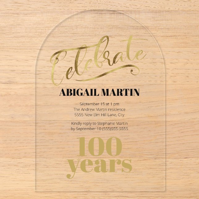 Invitations En Acrylique Arc acrylique transparent Black Gold 100e annivers (Recto)