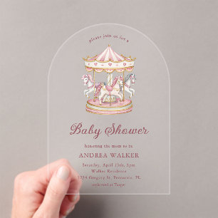 Invitations En Acrylique Arc de Baby Shower Fille Carrousel Rose Pastel 