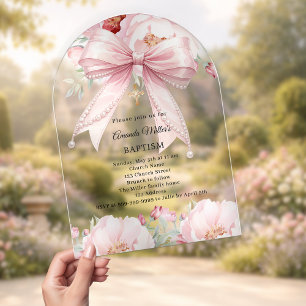 Invitations En Acrylique Arc de baptême fille fleurs perles ruban rose clai