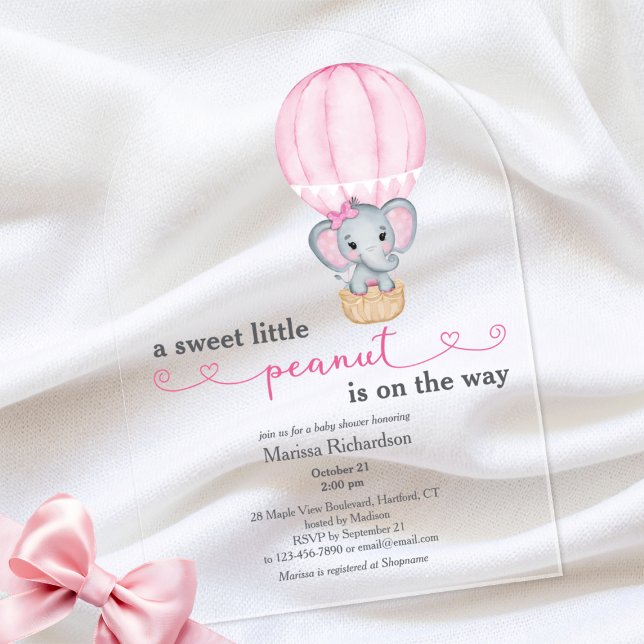 Invitations En Acrylique Arc de douche à bébé rose éléphant (cute elephant in balloon sweet little peanut baby girl shower arch acrylic invitation)