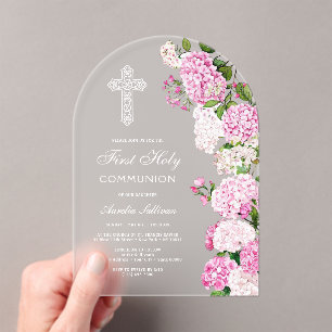 Invitations En Acrylique Arc de Hortensia Rose Élégant Première Communion