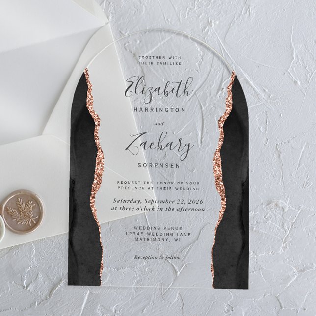 Invitations En Acrylique Arc de mariage moderne en or rose agate noir (Créateur téléchargé)