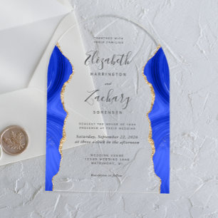 Invitations En Acrylique Arc de mariage moderne Royal Blue Gold Agate