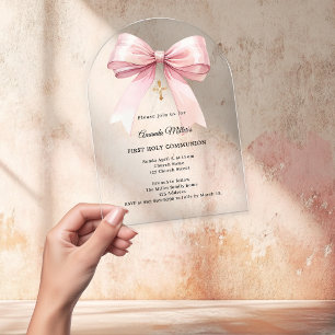 Invitations En Acrylique Arc de première communion fille ruban crème rose